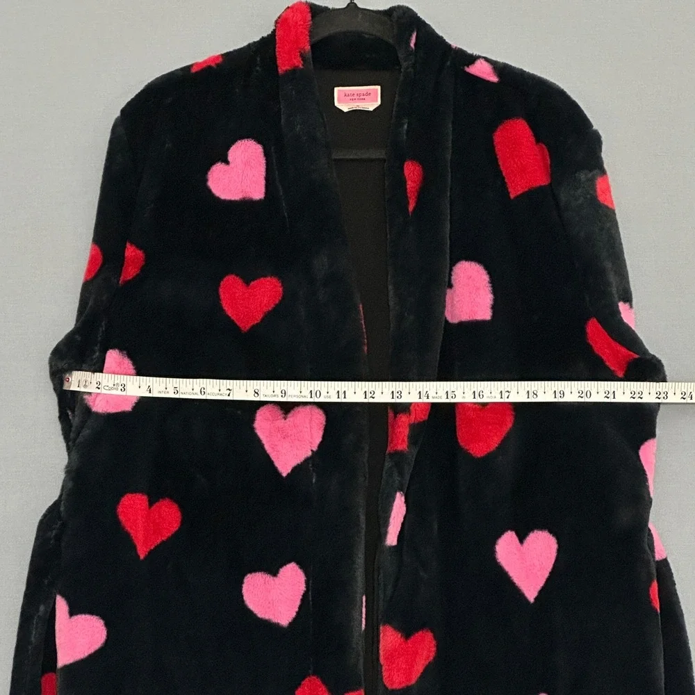 Kate Spade Womens Bathrobe M Black Plush Wrap Tie Red Pink Hearts Loungewear